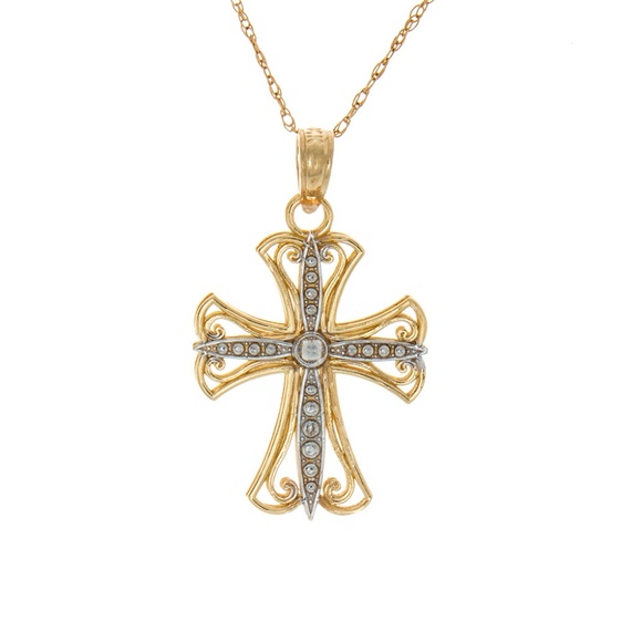 14k Two-tone Gold Religious White Cross Yellow Frame Necklace Charm w Chain - Picture 1 of 9